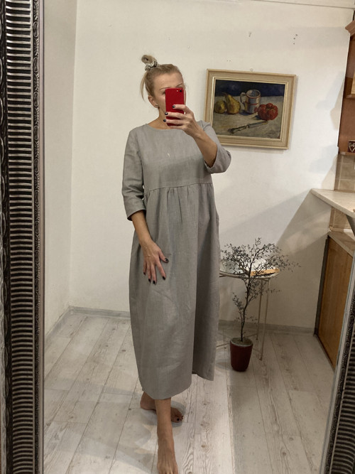Ľanové Šaty s Rukávmi a Vreckami /TAUPE/