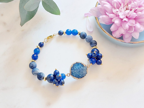 Minerálový náramek // Drůza achátu, lapis, ocel //