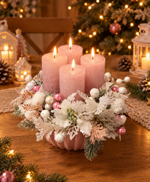 Adventní dekorace v růžovo/bílé