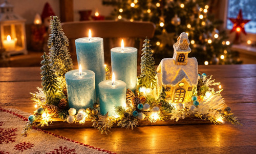 Adventní tácek v modrém tónu s kostelem