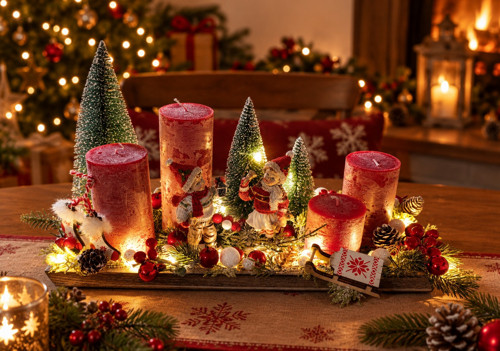 Adventní tácek v červené s dětmi