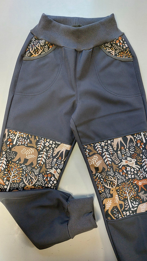 Kalhoty softshell, šedá tm. a zvířátka v.92