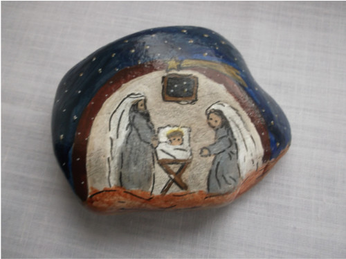 Betlém malovaný na kameni. Vel: 13 x 10 cm.