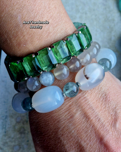Náramek fluorit bílý chalcedon achát — foto 1