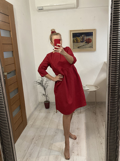 Ľanové Šaty s Rukávmi a Vreckami /DARK RED/