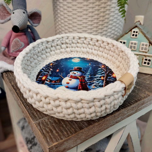 Háčkovaný košíček Kouzelný sněhulák 20cm