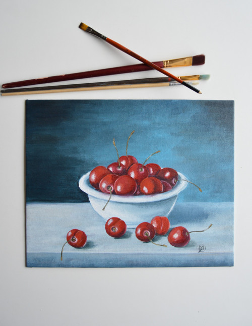 Zátiší -Třešně, olej na plátně, 30 x 24 cm
