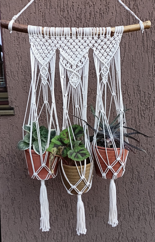 Boho macramé závěs na 3 květináče (trojitý)