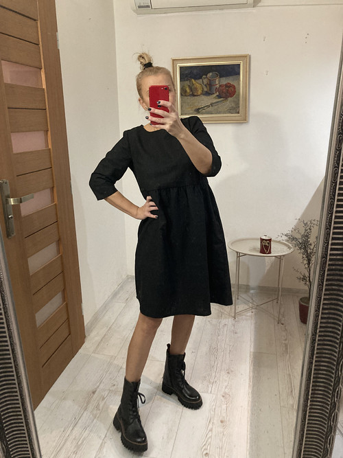 Ľanové Šaty s Rukávmi a Vreckami /BLACK/