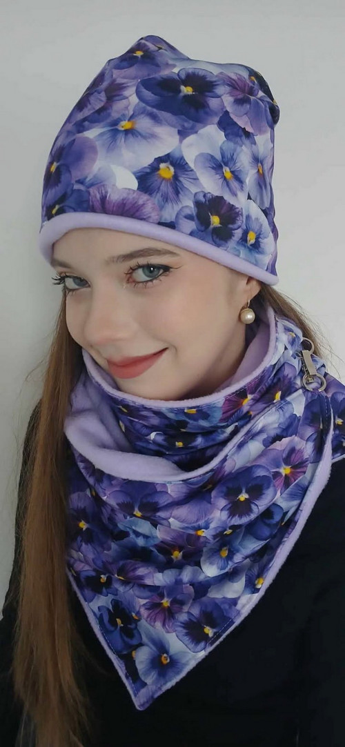 Dámská šátkošála a čepice - fialové květy