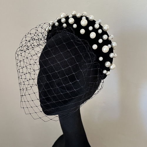 Fascinátor Headband Černý Samet Perly Závoj