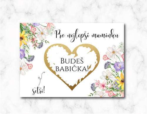 Budeš babička! stírací kartička květinová