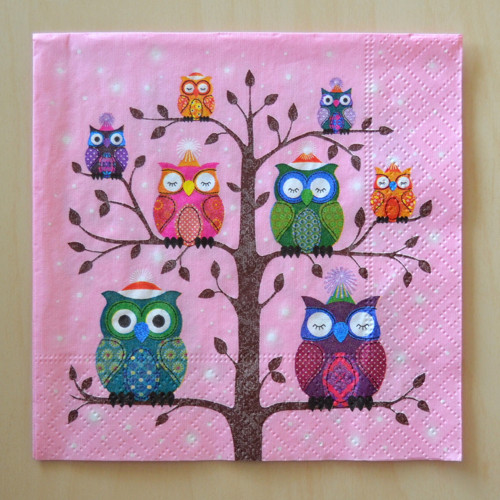 Ubrousek 25 x 25 cm - sovíci růžová