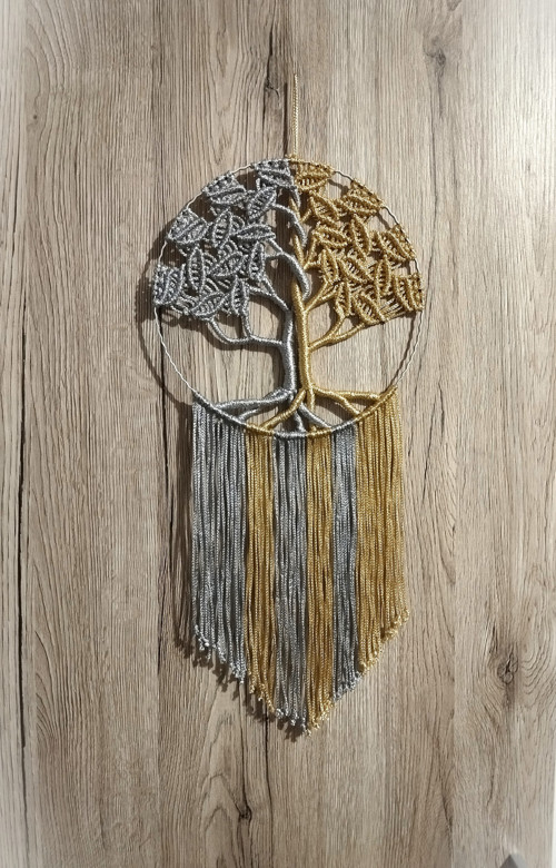 Macramé Strom života Stříbrná - Zlatá
