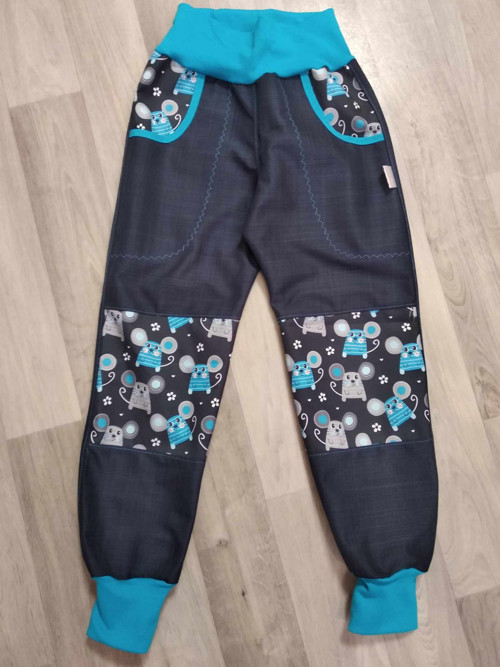 Jarní softshellove kalhoty 122 - myšky modré