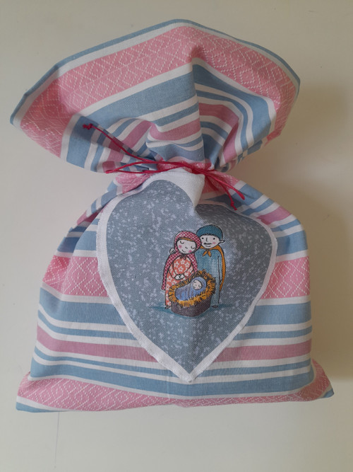 Pytlík na dárek Ježíšek s rodiči pruhovaný