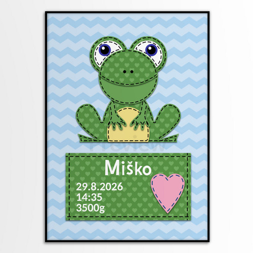Grafika k narození dítěte jak vyšitá - žába