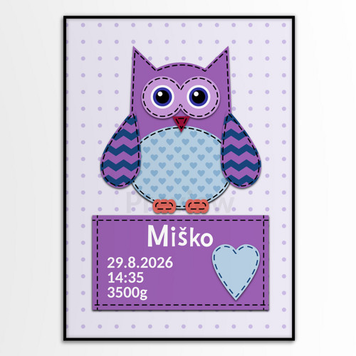 Grafika k narození dítěte jak vyšitá - sova