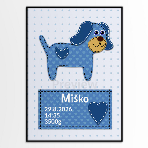 Grafika k narození dítěte jak vyšitá - pejsek