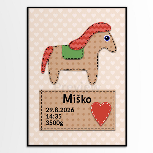 Grafika k narození dítěte jak vyšitá - kůň
