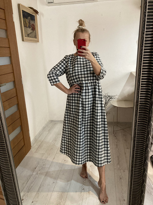 GINGham Boho šaty /bavlna/ šedo-biele