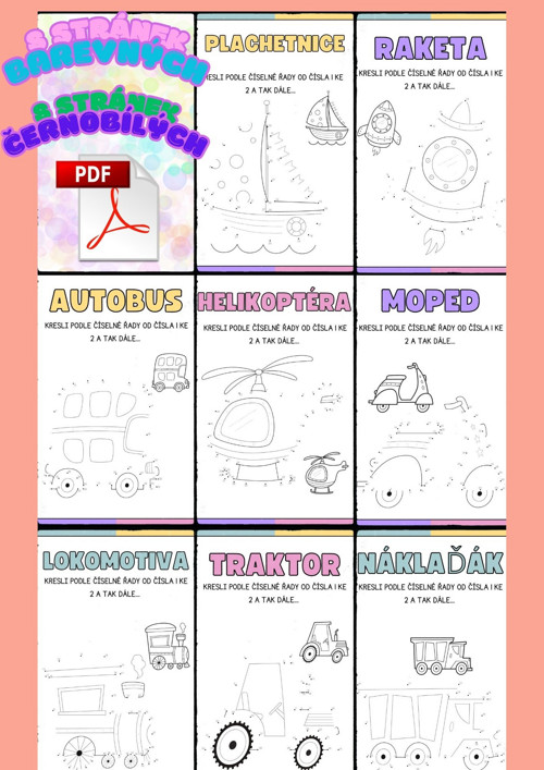 Omalovánky se spojováním čísel 17 motivů
