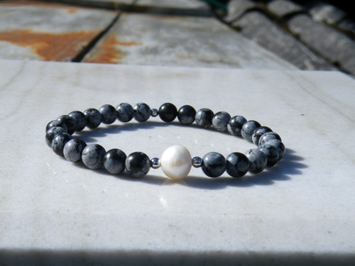 Náramek 6mm obsidián / říční perla