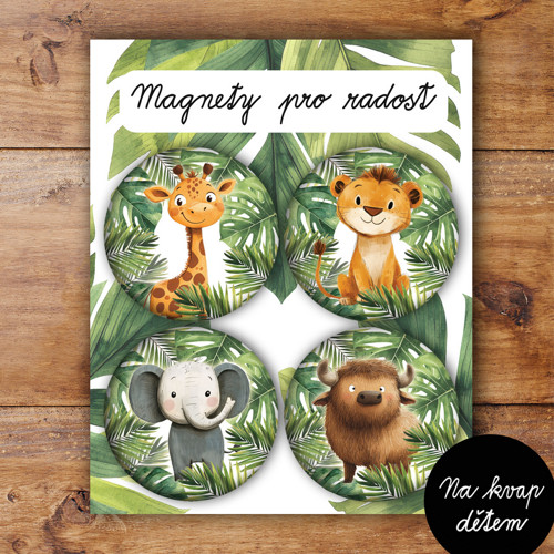 Magnety 4ks/4,4cm: žirafa, lvíče, slon, buvol