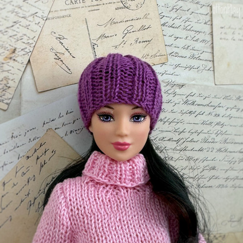 Pletená čepička pro Barbie - purpurová