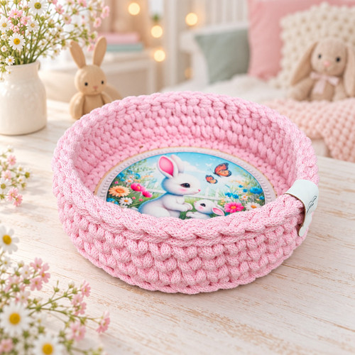 Háčkovaný košíček Velikonoční zajíček 20cm