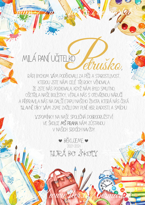 Pamětní list pro paní učitelku - poděkování