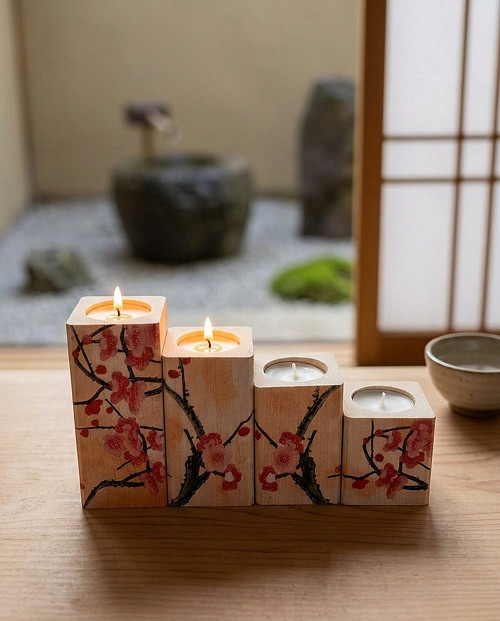 Dřevěný svícen v japonském stylu s květy sakury