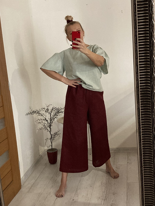 Culottes ľanové nohavice - BURGUNDY