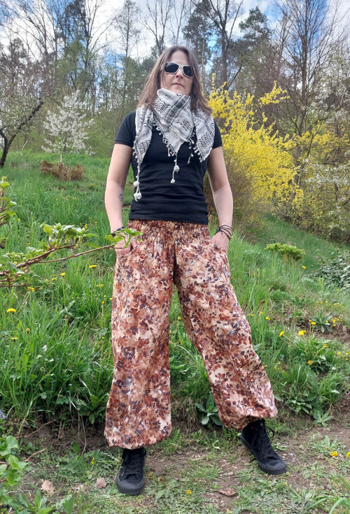 Turecké kalhoty Hnědé listí-bali batik