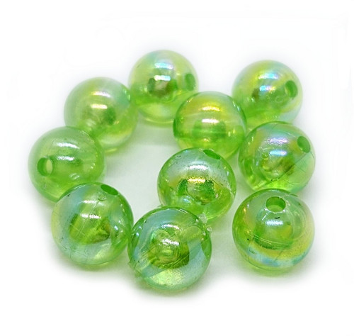 Plastový korálek, AB efekt, zelená, 10mm, 10ks