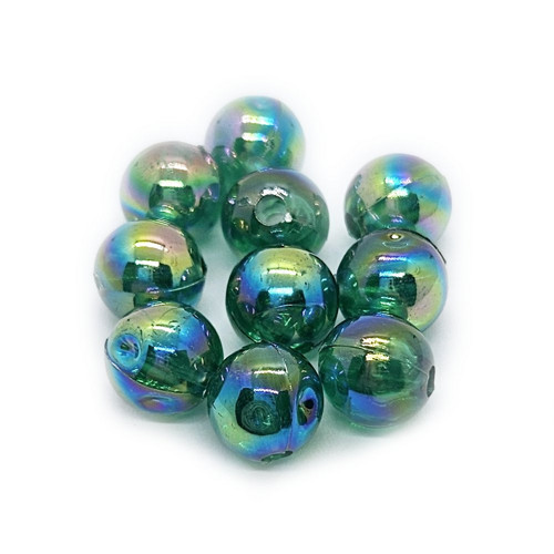 Plastový korálek, AB efekt, zelená tm., 10mm, 10ks