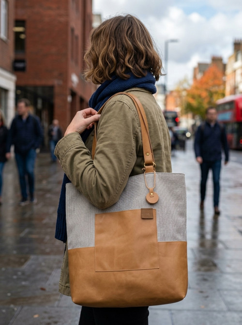 Kožená/lněná shopper taška — foto 1