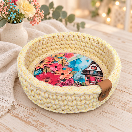 Háčkovaný košíček Rozkvetlý domov – vanilkový 20cm
