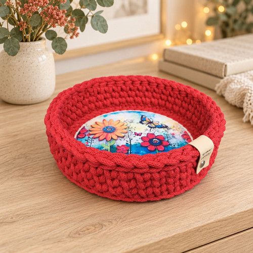 Ručně háčkovaný košíček rozkvetlá louka 20cm