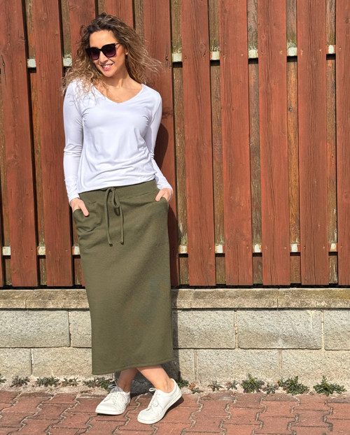 Khaki vaflová sukně s kapsami dlouhá