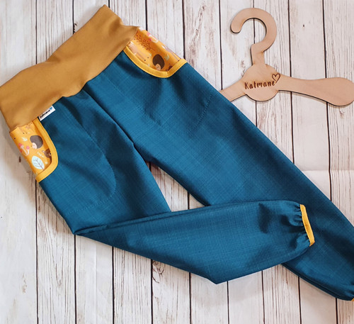Jarní/podzimní softshell kalhoty petrolej/zvířátka