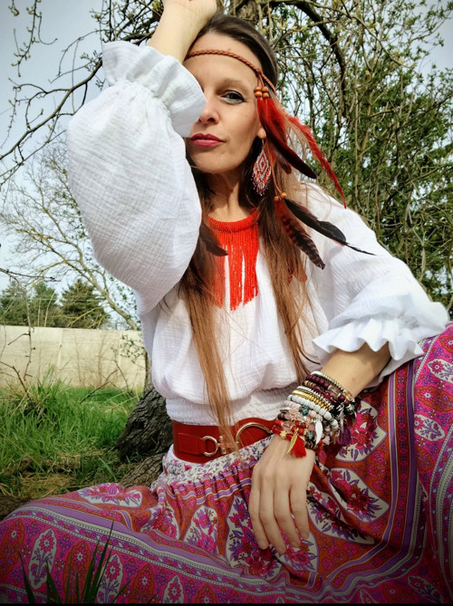 Mušelínová Halenka Boho S Vysokým Žabičkovaným Pas