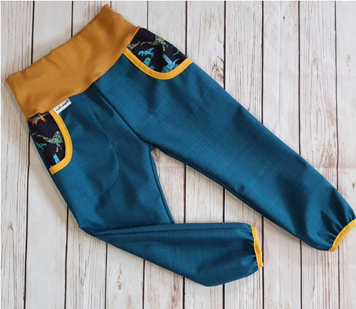 Jarní/podzimní softshell kalhoty petrolej/dino