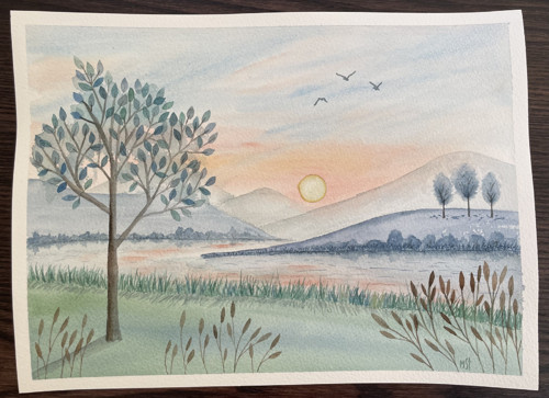 Originál akvarel - Tichá krajina - 23x31 cm