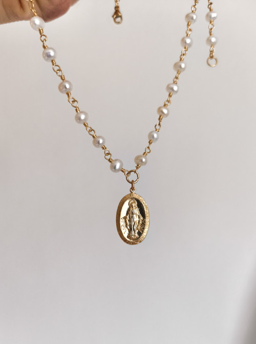 Perlový růžencový náhrdelník s Madonkou, 14k GF