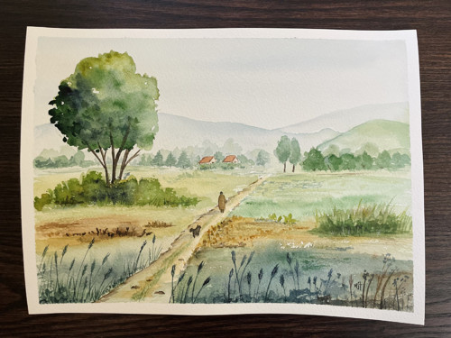 Originál akvarel - Na procházce - 23x31 cm