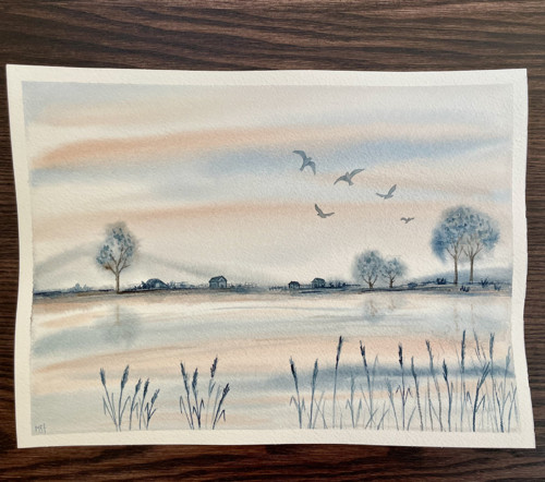 Originál akvarel - Sen o jezeře - 23x31 cm
