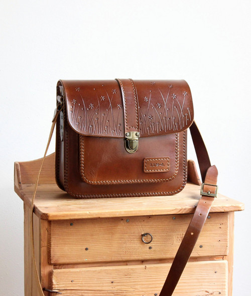Kožená kabelka Floral satchel *Antique Brown*