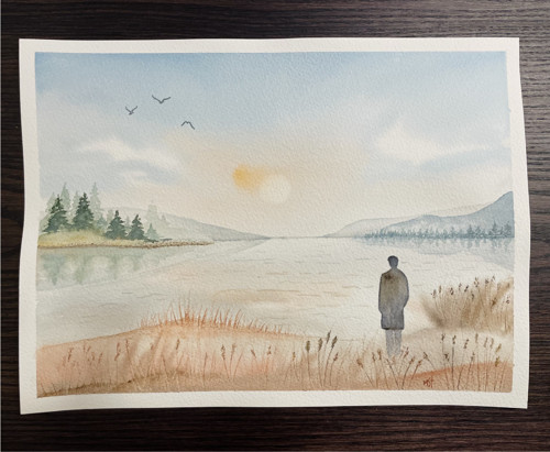 Originál akvarel - Ranní rozjímání - 23x31 cm