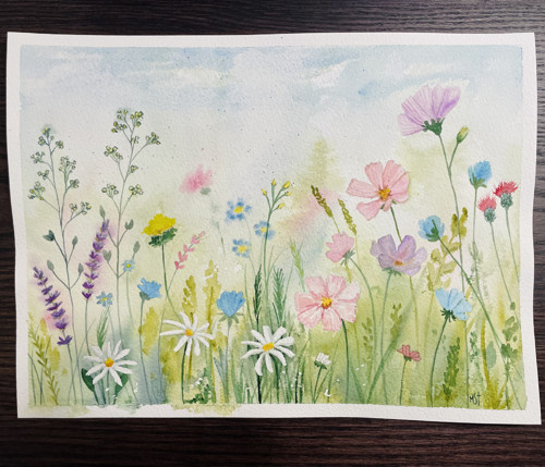 Originál akvarel - Pastelová louka - 23x31 cm